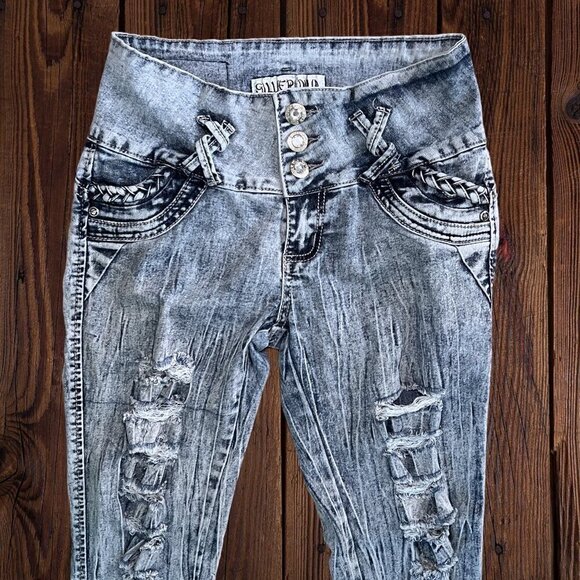 SILVER DIVA Distressed Stretch Denim Jeans Bling Rhinestone Braid Juniors 5 - Picture 4 of 6